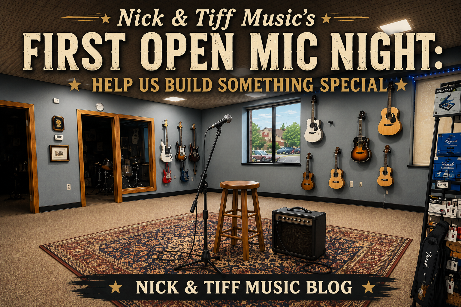 Nick & Tiff Music Open Mic Night setup featuring a wooden stool, microphone, amplifier, and decorative rug inside the Derby, NY music store.