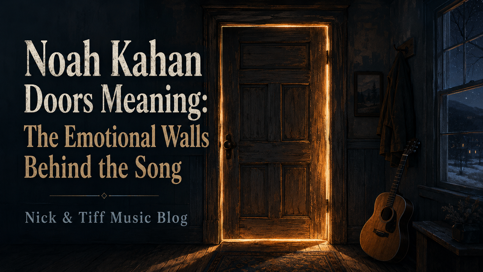Illustration of a closed wooden door with warm light for Noah Kahan Doors meaning article