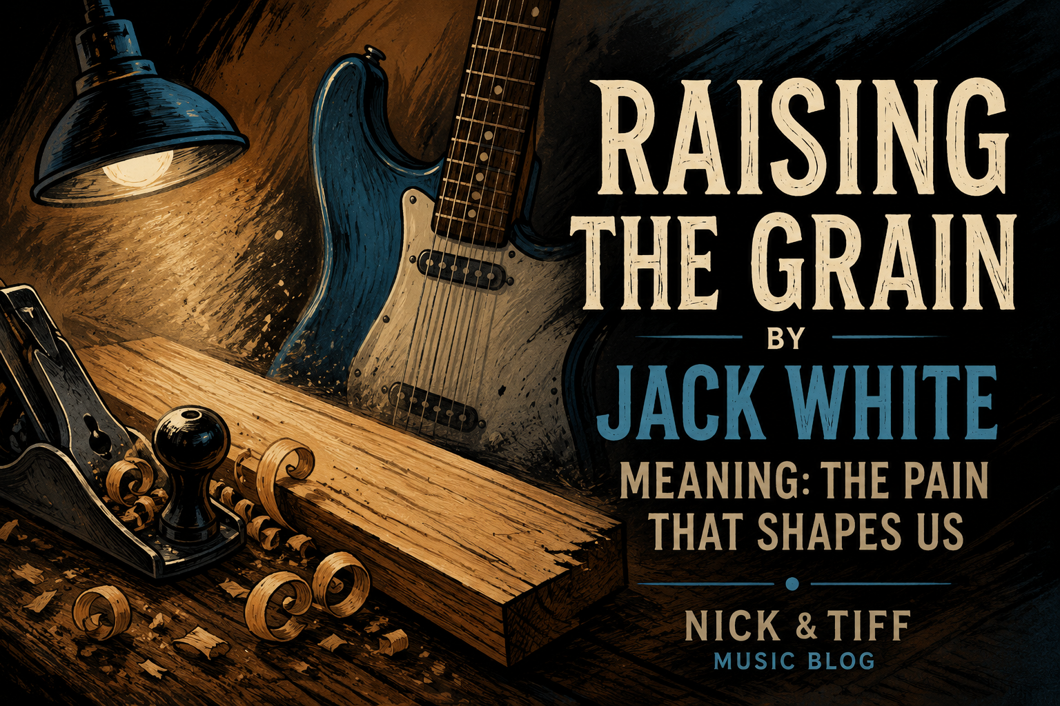 Illustrated feature image for Raising the Grain by Jack White meaning article with woodworking tools, guitar artwork, and Nick & Tiff Music Blog.