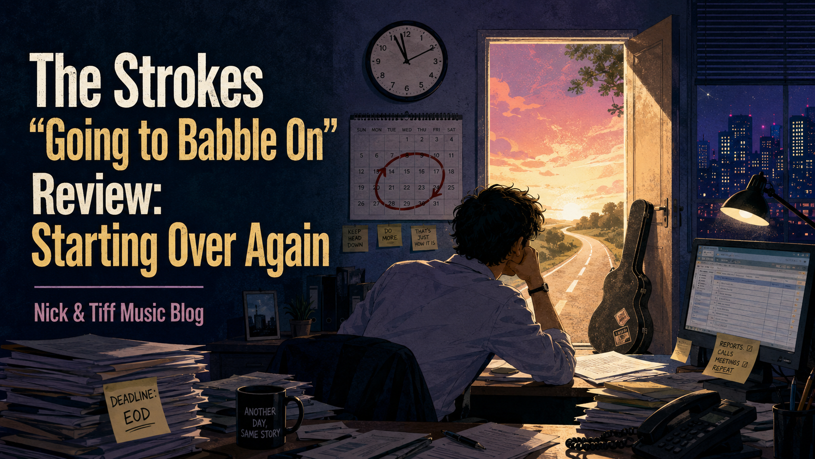 Illustrated feature image for The Strokes “Going to Babble On” Review: Starting Over Again, showing a tired office worker dreaming about escaping the 9-to-5 routine.