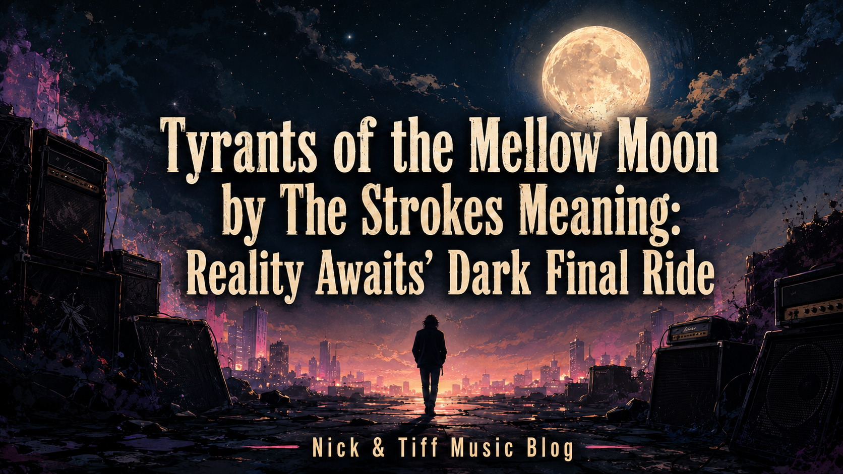Illustrated moonlit feature image for “Tyrants of the Mellow Moon” by The Strokes meaning article on Nick & Tiff Music Blog.
