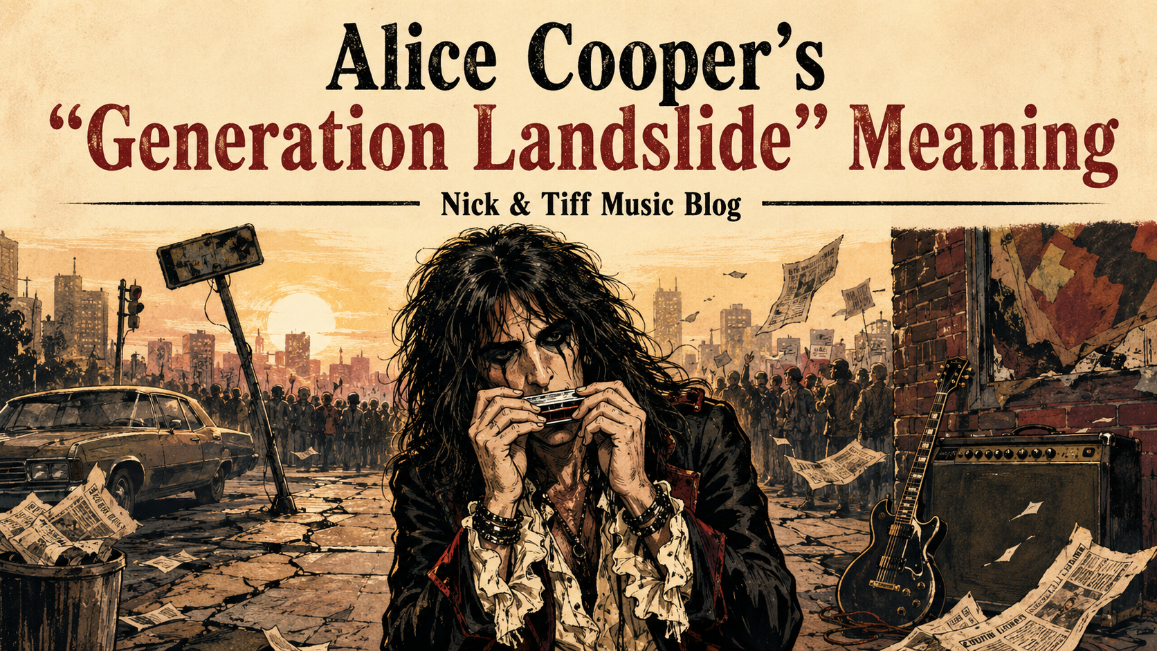 Illustration for Alice Cooper’s “Generation Landslide” Meaning showing a 1970s-inspired rock figure playing harmonica in a gritty street scene.