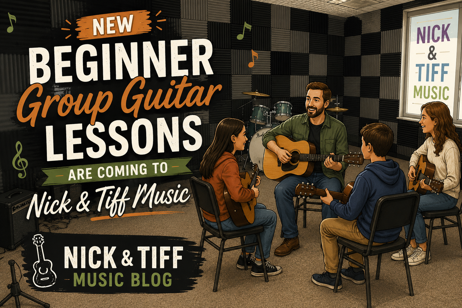 Illustration promoting beginner group guitar lessons at Nick & Tiff Music in Derby, NY, with students learning guitar in the lesson room.