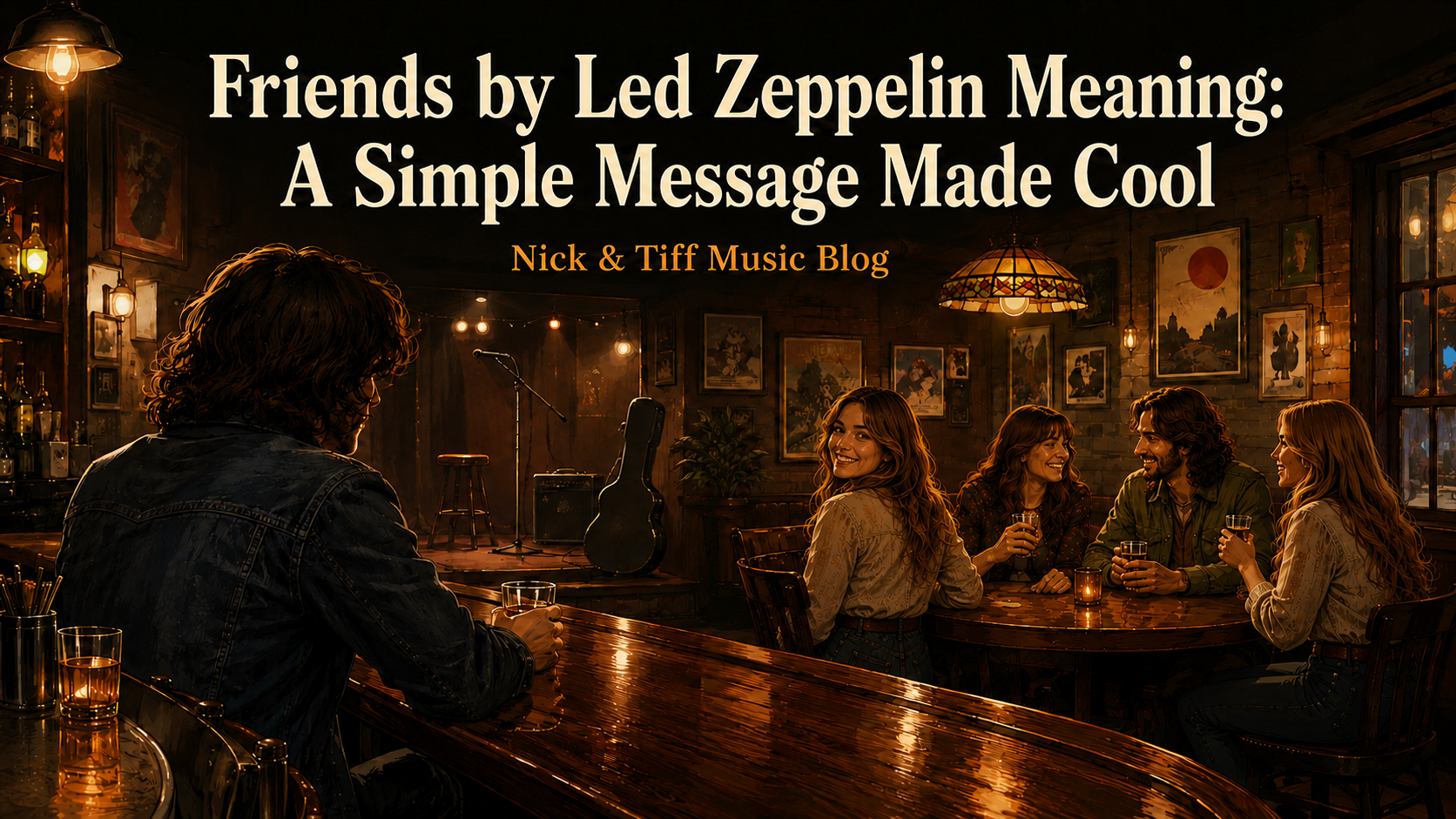 Illustration of a lonely person at a bar while one person from a nearby group smiles at him for a Led Zeppelin “Friends” meaning article.