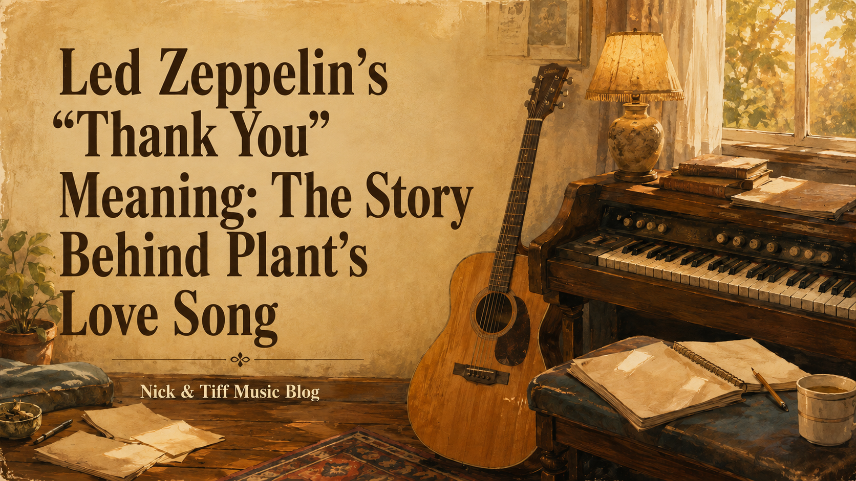 Illustration of a warm vintage music room with an acoustic guitar and organ for Led Zeppelin’s “Thank You” meaning article
