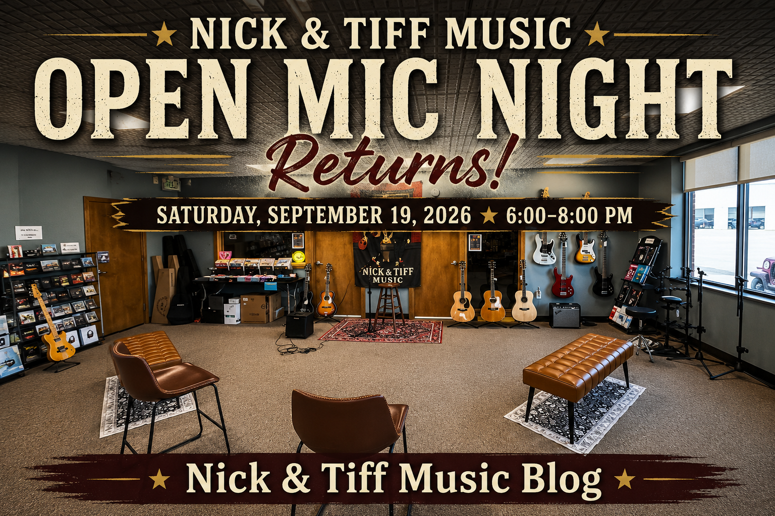 Nick & Tiff Music Open Mic Night returns Saturday, September 19, 2026, from 6–8 PM at the music store in Derby, NY.