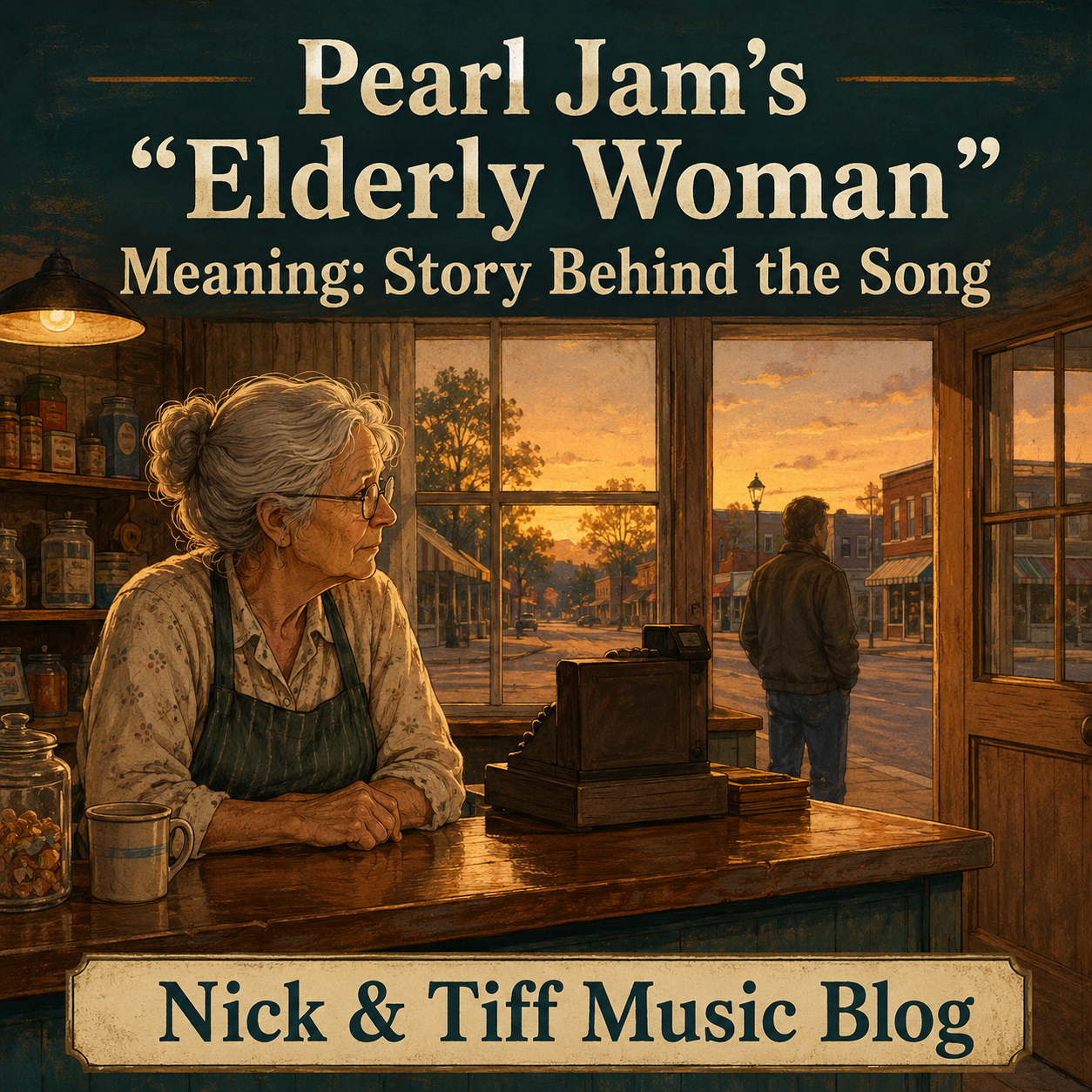 Illustration of an elderly woman behind a small-town counter for Pearl Jam’s “Elderly Woman” meaning article on Nick & Tiff Music Blog.