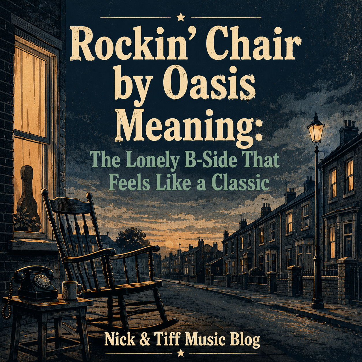 Illustrated feature image for “Rockin’ Chair” by Oasis meaning and song review, showing a quiet street, rocking chair, and Nick & Tiff Music Blog title text.