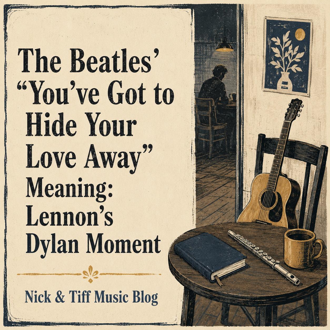 Illustrated feature image for The Beatles’ “You’ve Got to Hide Your Love Away” meaning, showing an acoustic guitar, flute, and vintage folk-inspired room.