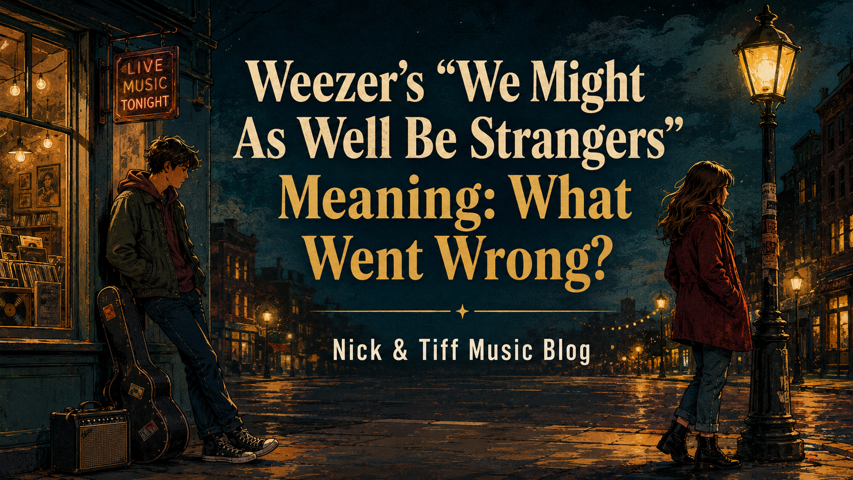 Illustration for Weezer’s “We Might As Well Be Strangers” meaning showing two people separated outside a music venue at night.