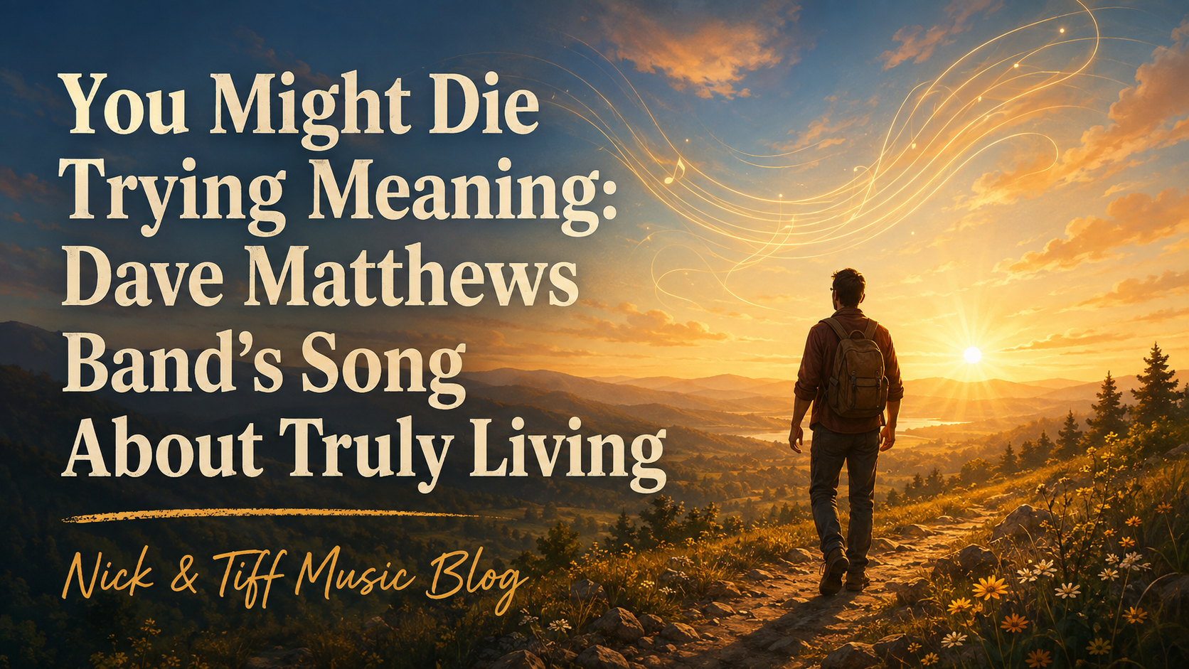 Illustration for “You Might Die Trying Meaning” by Dave Matthews Band showing a person walking through nature toward a sunrise.